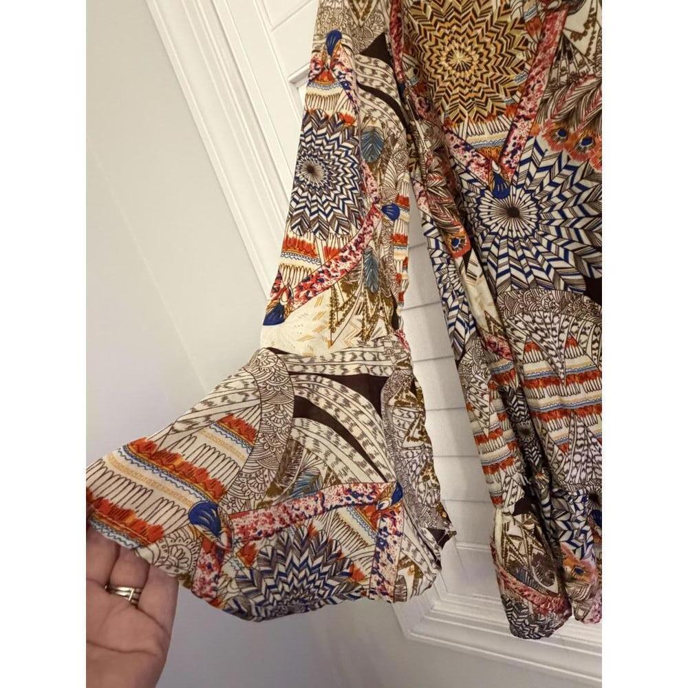 Umgee Boho Multicolor Printed Bell Sleeve Ruffle Hem Mini Dress Size L - Picture 3 of 6